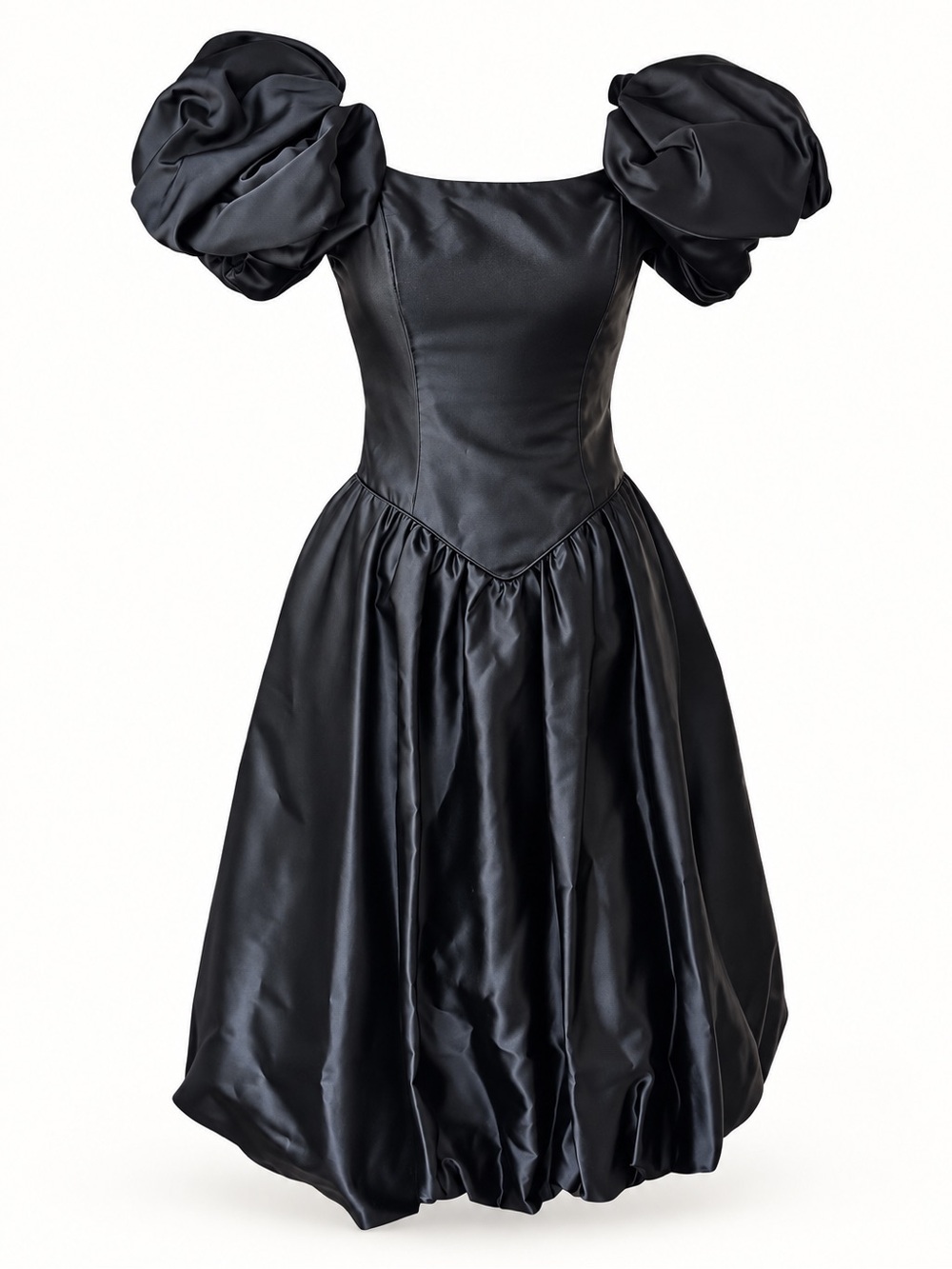 VTG 80s Black Satin Party prom Dress 5/6 Puff Sleeve Bow Back victorian gothic